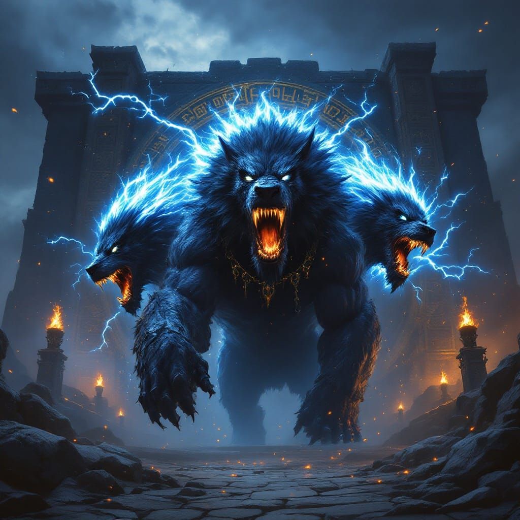 Colossal Cerberus Dominates a Stormy Twilight Landscape