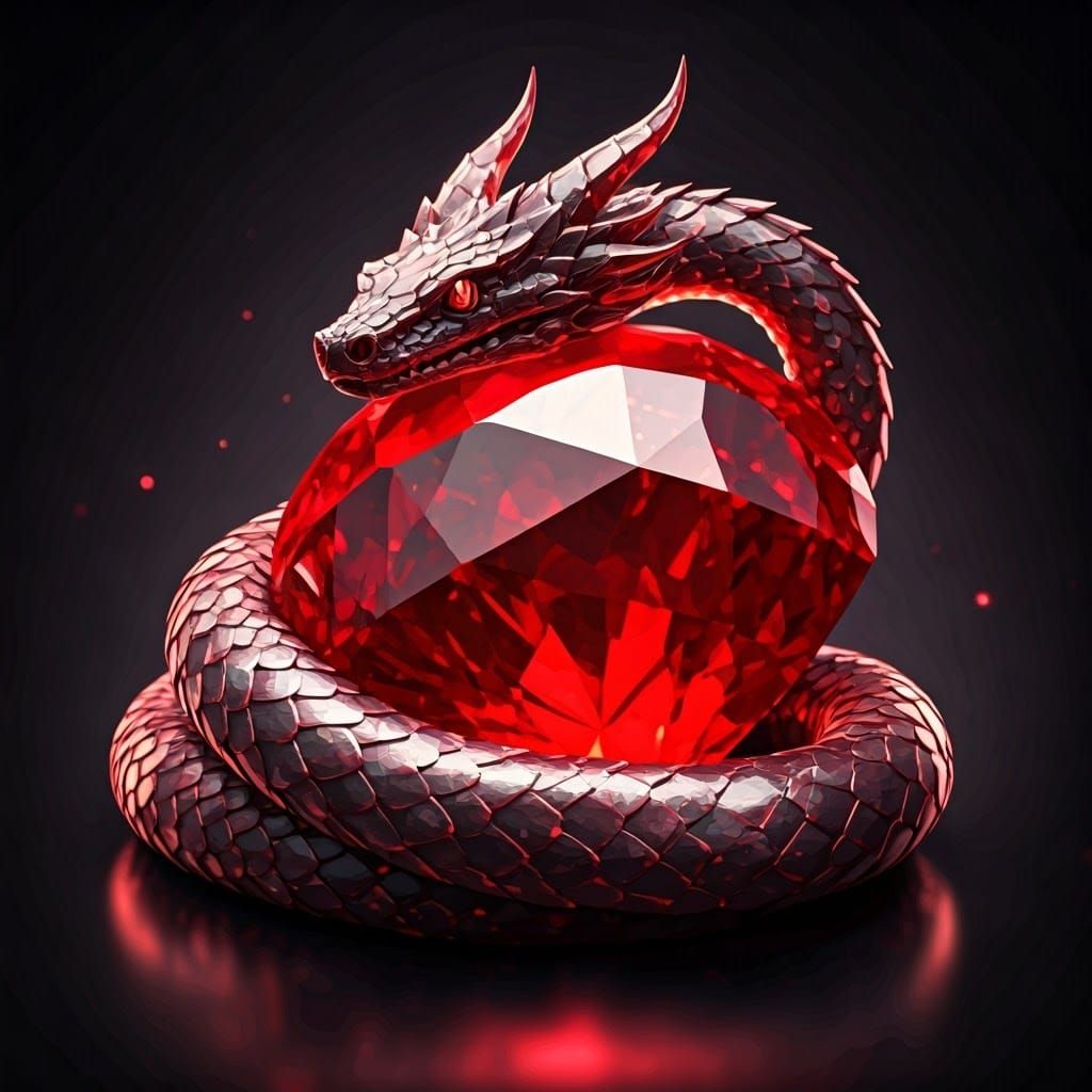 Crimson Serpent Guarding Ruby Gemstone in Anime Style