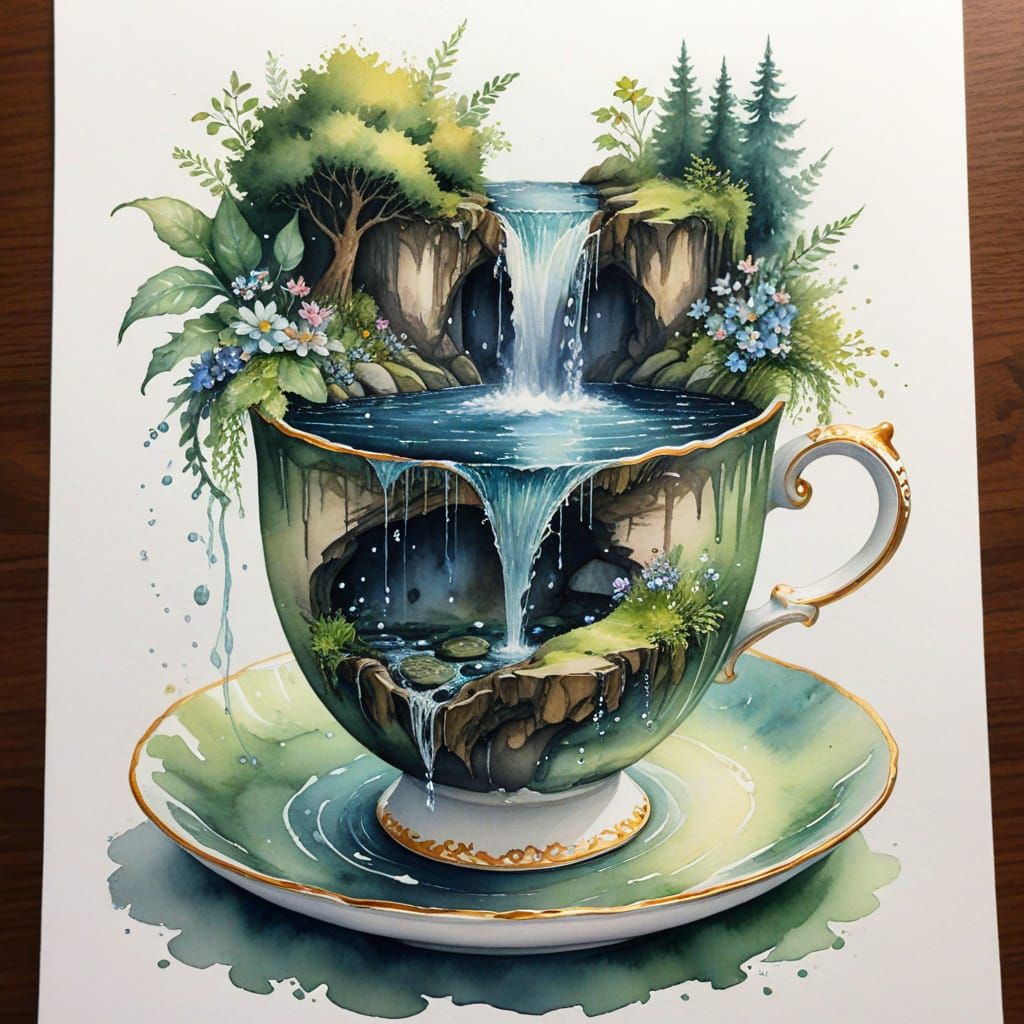 Magical Waterfall Inside a Teacup as Watercolor Art