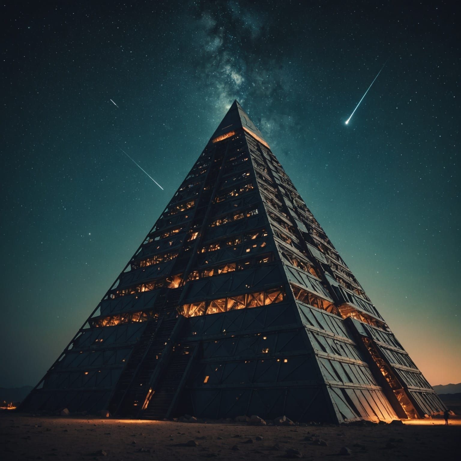 Futuristic Mechanical Pyramid Under Starry Night