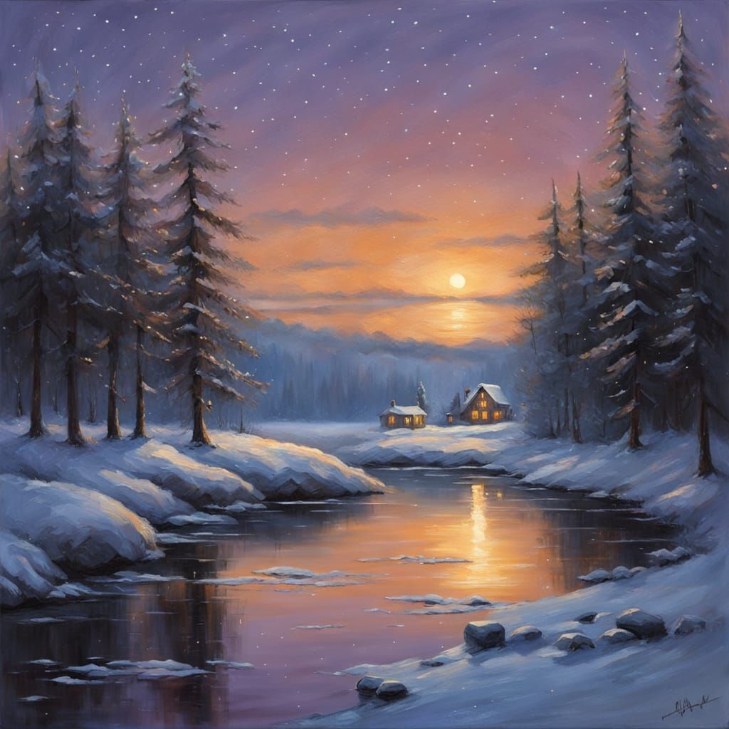 Winter Night Sky Reflected, Oil Painting in Gurney Style