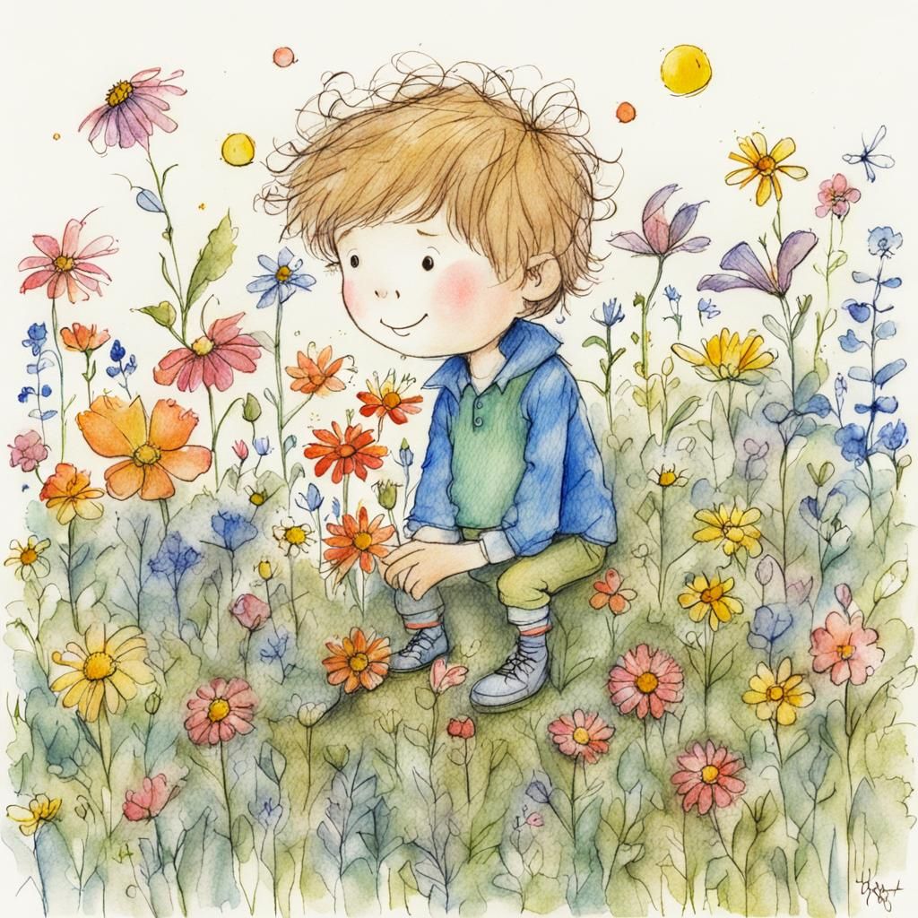 Colorful Crayon Doodle of Boy Prince with Flowers