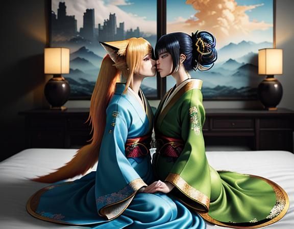 Kitsune Twins Kissing: Manga-Style Digital Art