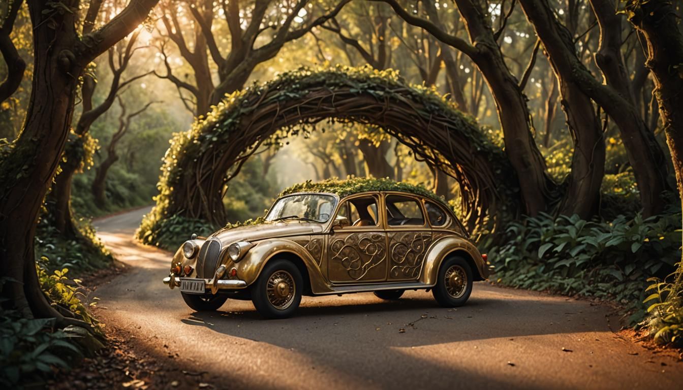 Elven Car in Enchanted Forest at Golden Hour
