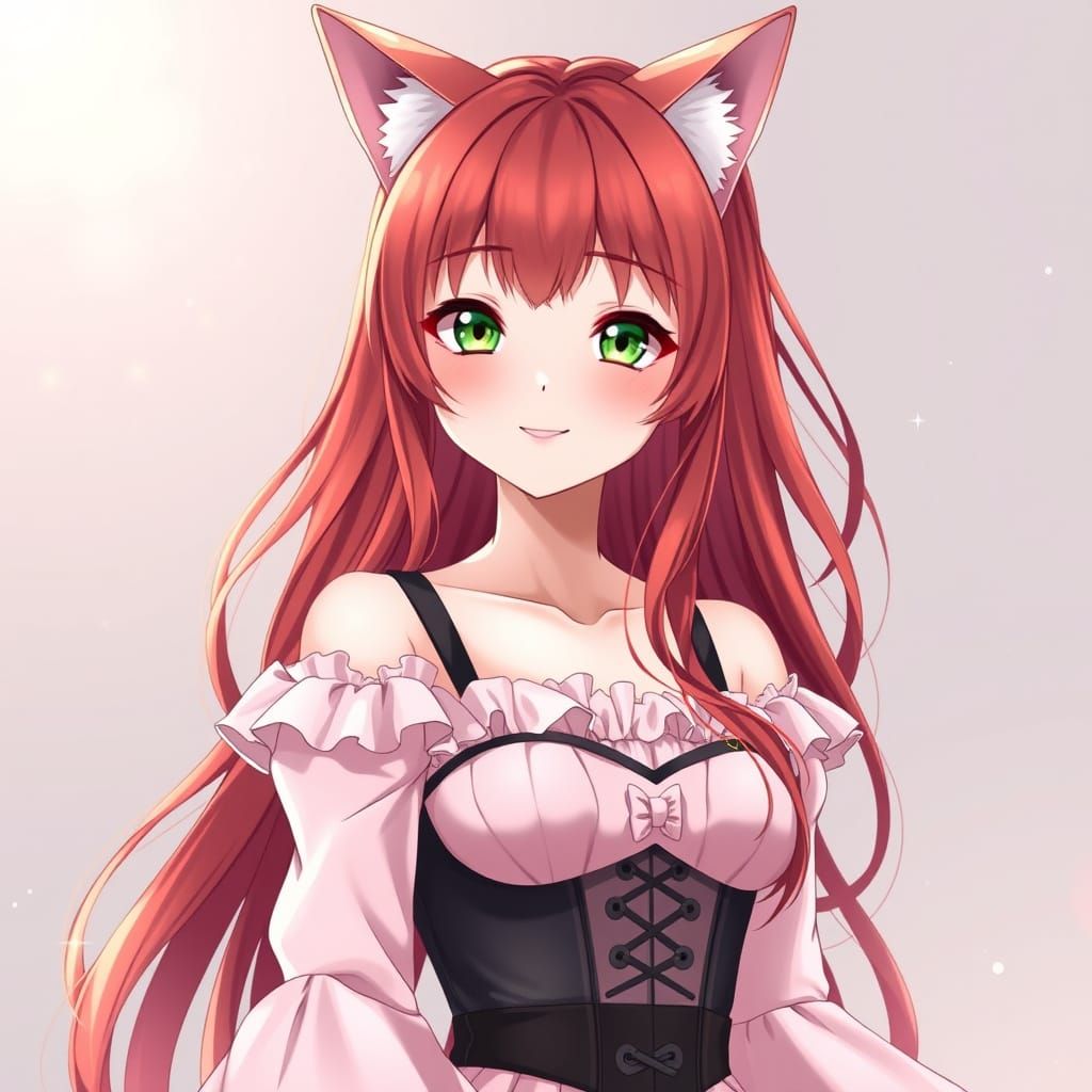 Hyper Realistic Kawaii Anime Girl with Red Hair and Green Ey...