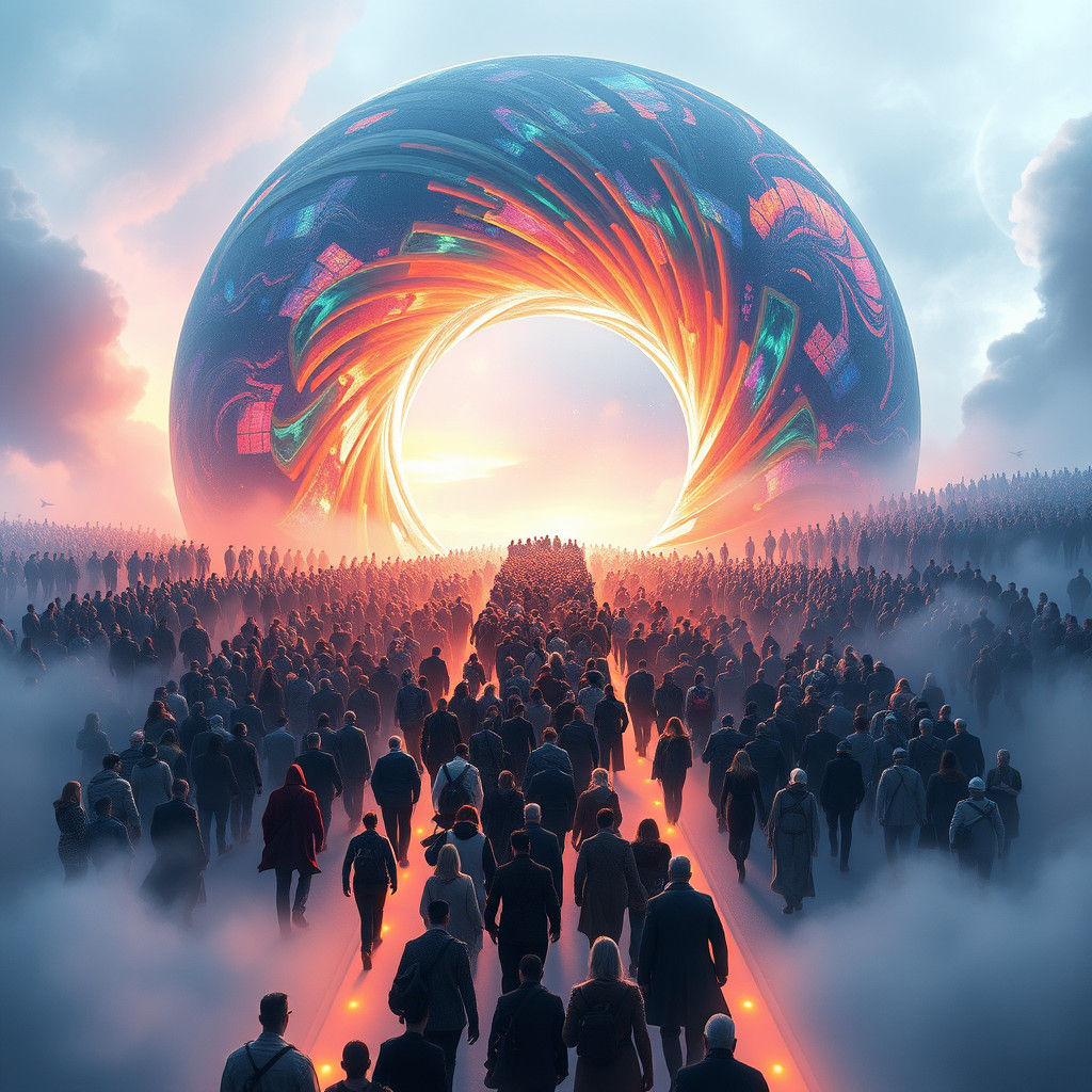 Iridescent Portal Beckons Crowd in Fantasy Landscape