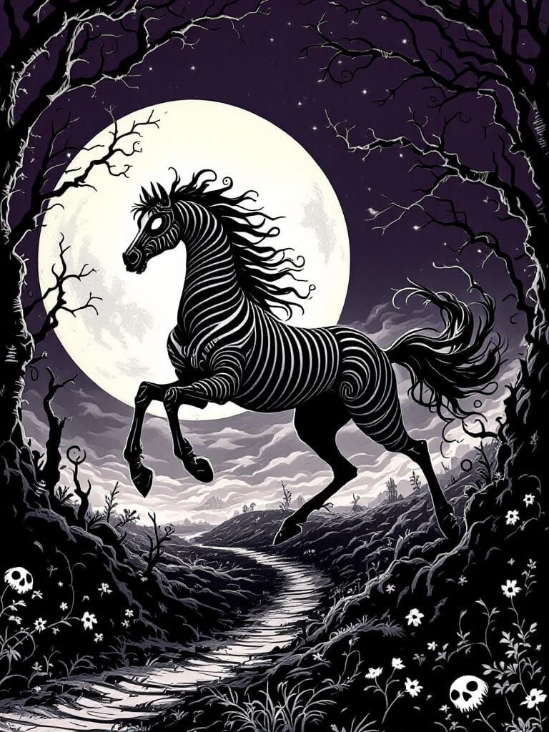 Gothic Horse Leaps Under Full Moon with Skulls