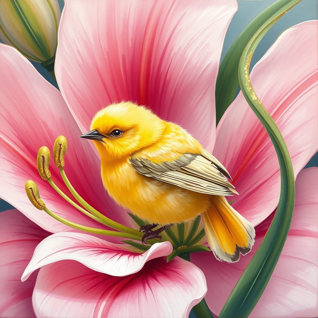 Soft, Whimsical Bird Perched Amidst Lush Lily Blooms in Warm...