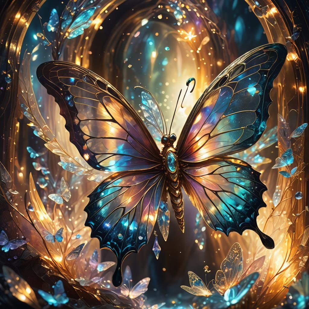 Glowing Crystal Butterfly Near Mystical Portal
