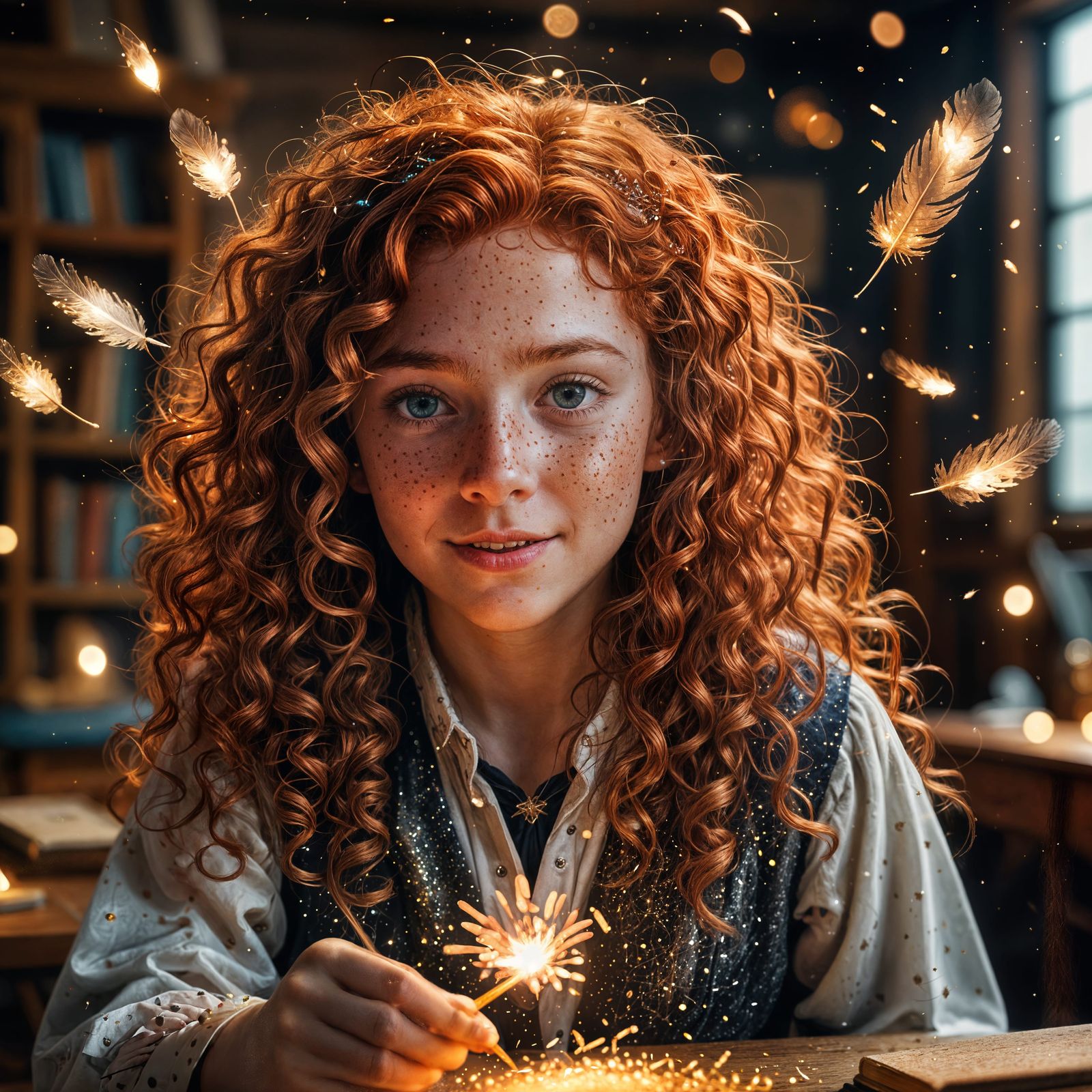 Cute Red-Haired Wizard Girl Casting Spell