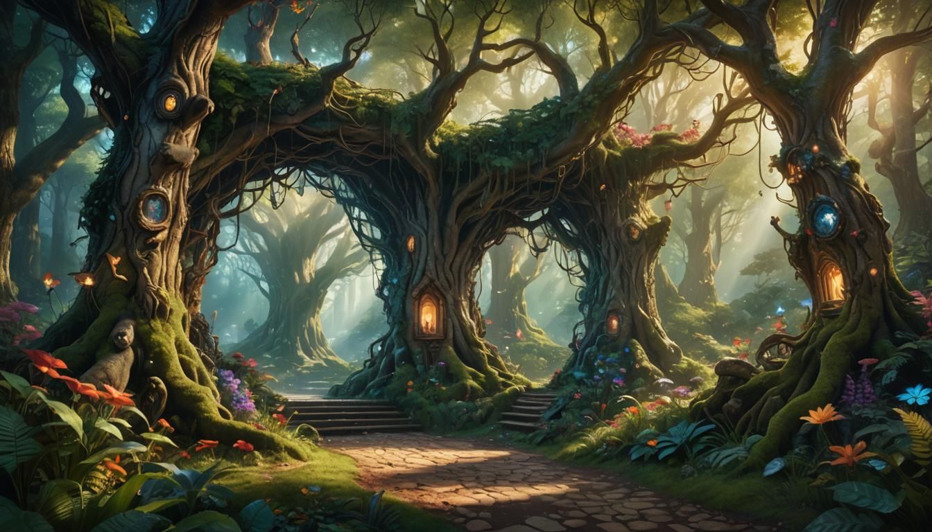 Enchanted Forest Entrance in Hyperrealistic Splash Art