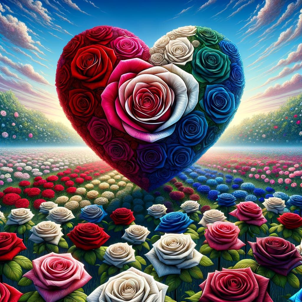 Red, White, and Blue Rose Heart Over Rose Field