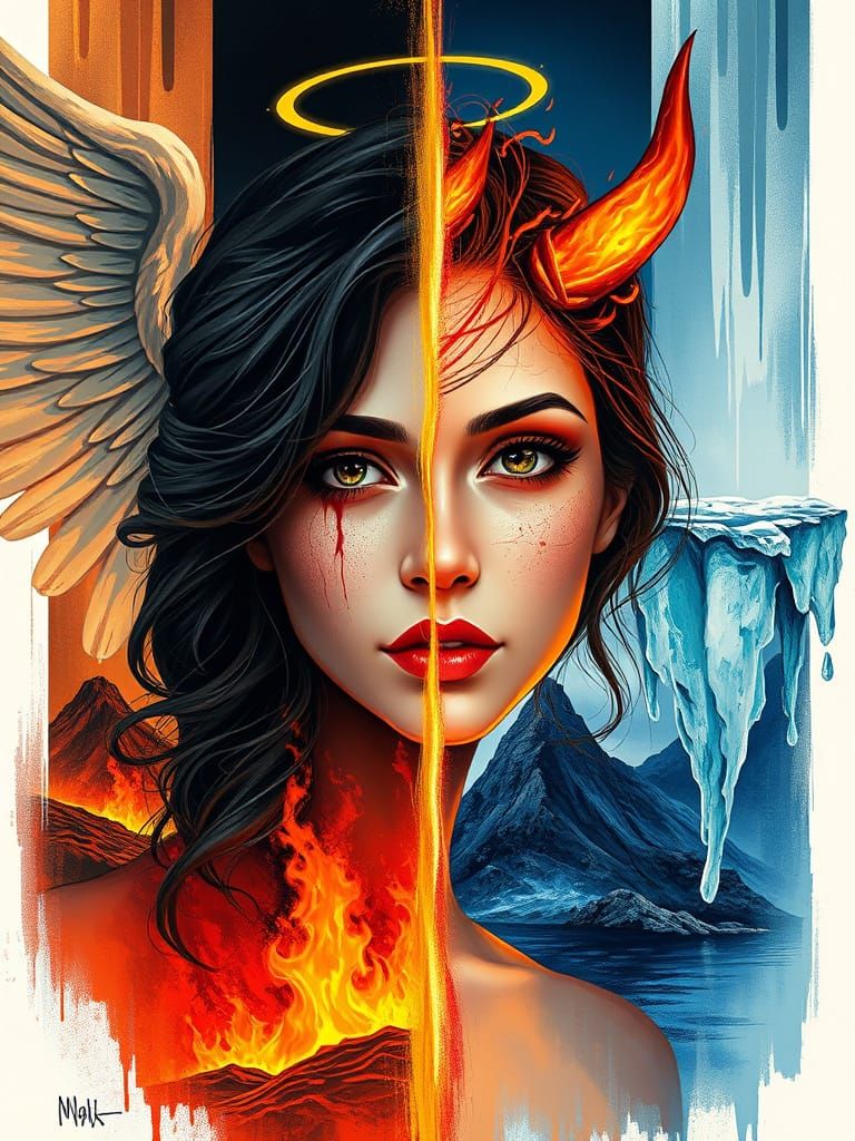 A woman portrait split between angel  and devil