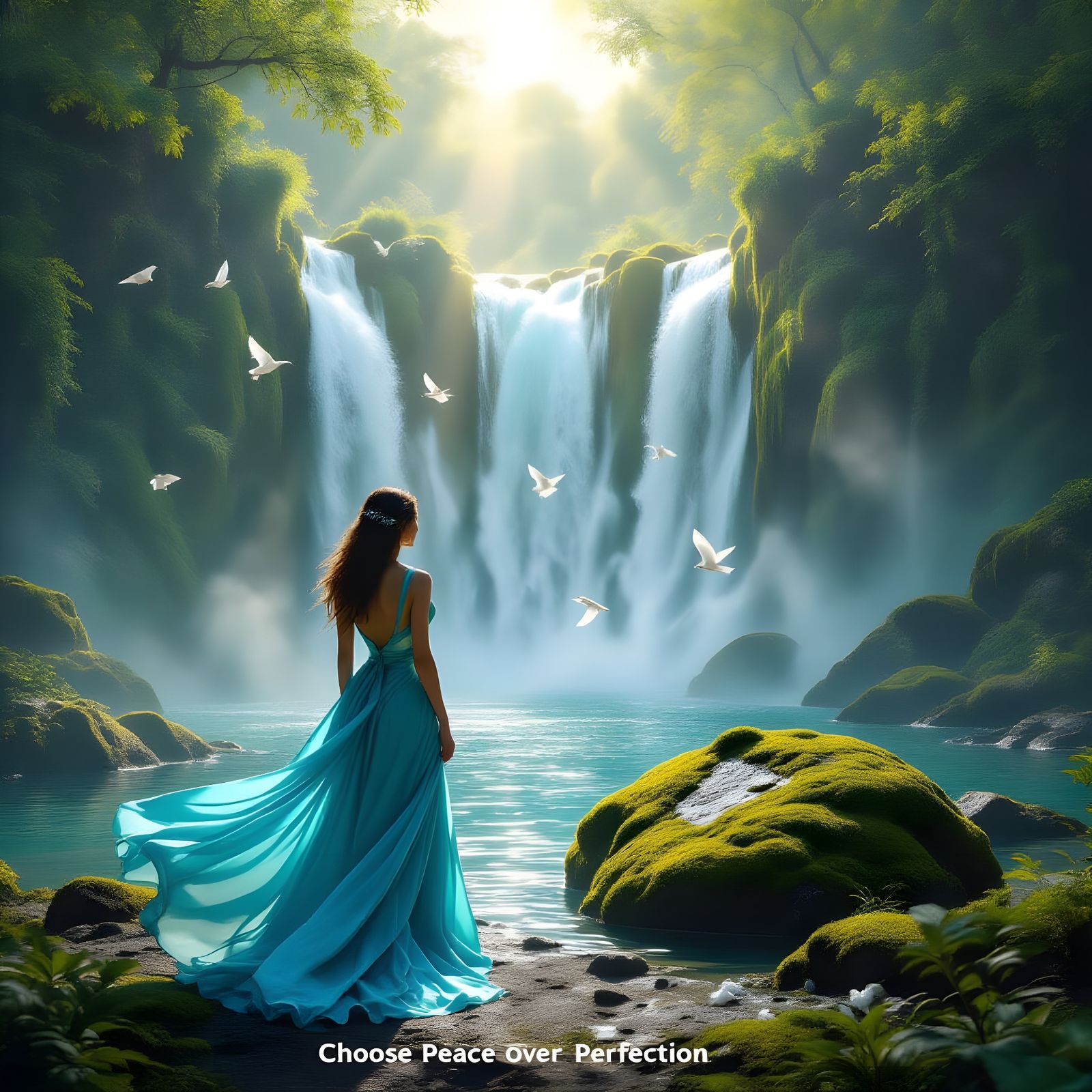 Woman in Turquoise Dress Gazes at Misty Waterfall