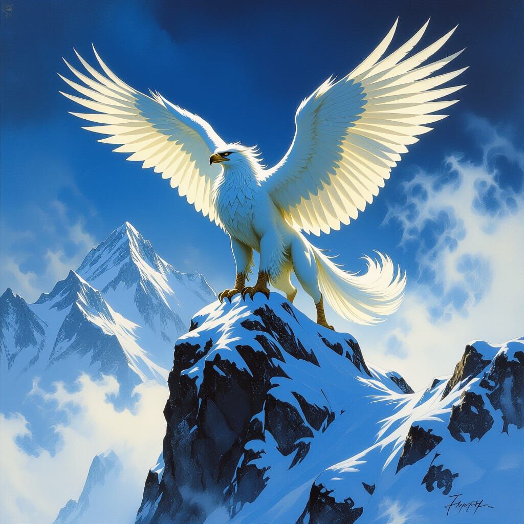 Griffin Perched Atop Snowy Mountain Peak