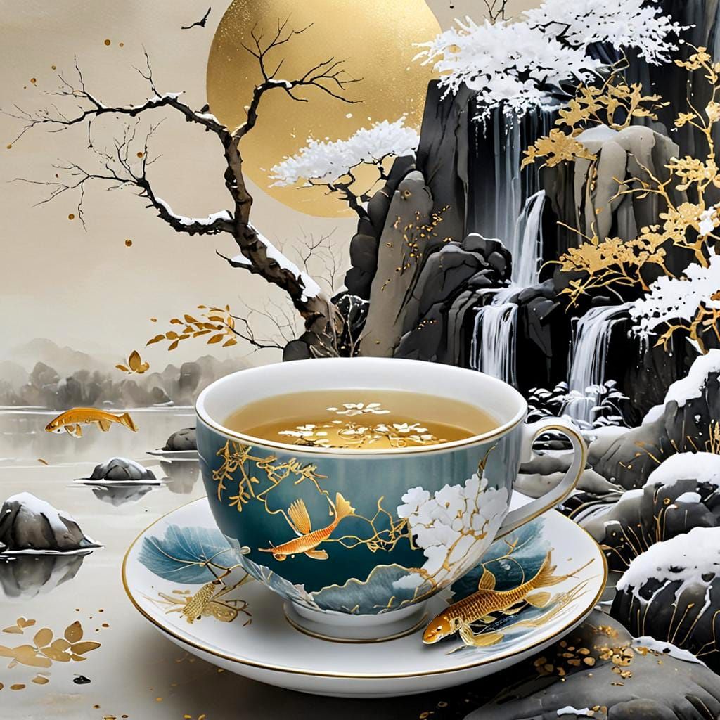 Winter Zen Garden Emerges From Golden Tea Cup