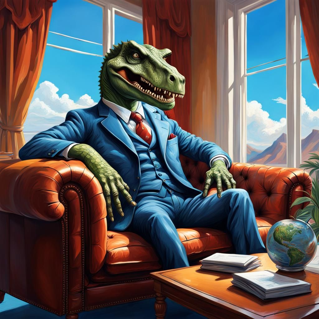 Dinosaur CEO Psychoanalysis: Hyperrealistic Concept Art
