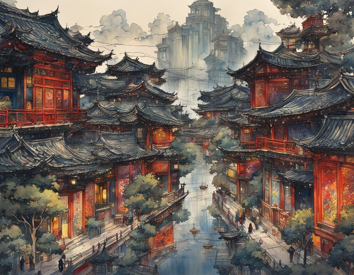 Stormy Night Cityscape in Modern Watercolor Style