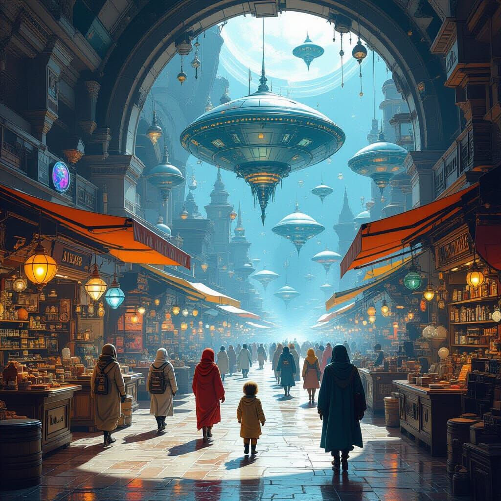 Floating Bazaar in Zero Gravity, a Sci-Fi Market