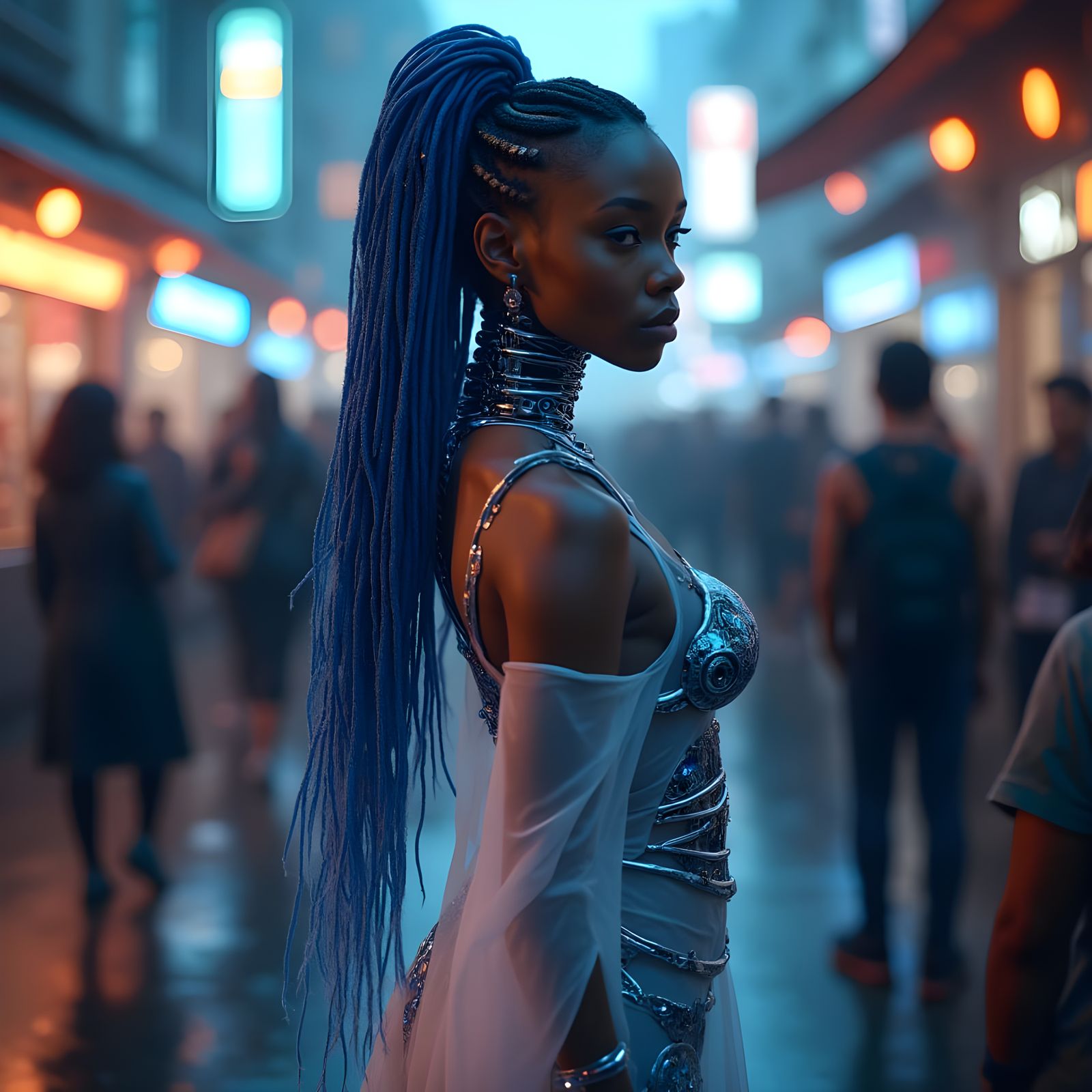 Cyberpunk African Queen Awakens in Neon City