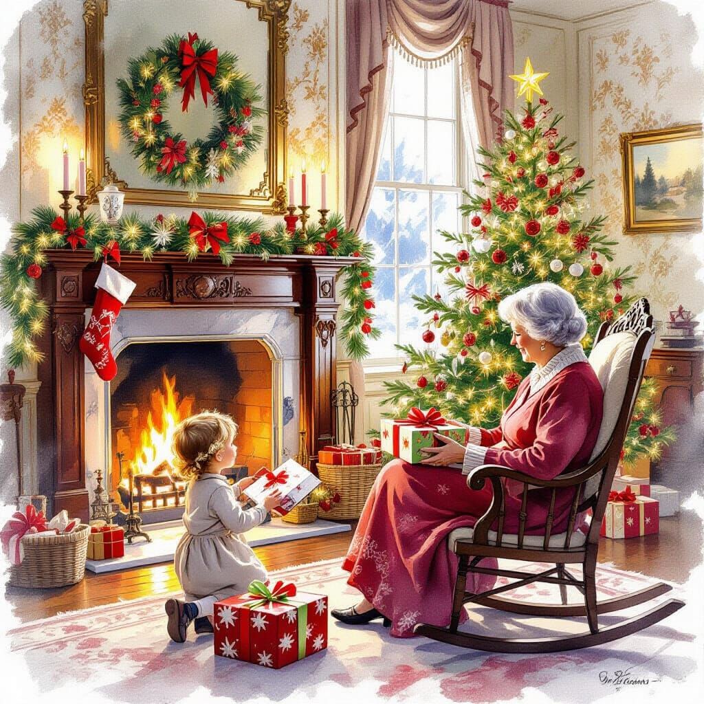 Victorian Christmas Scene of Child Opening Gift