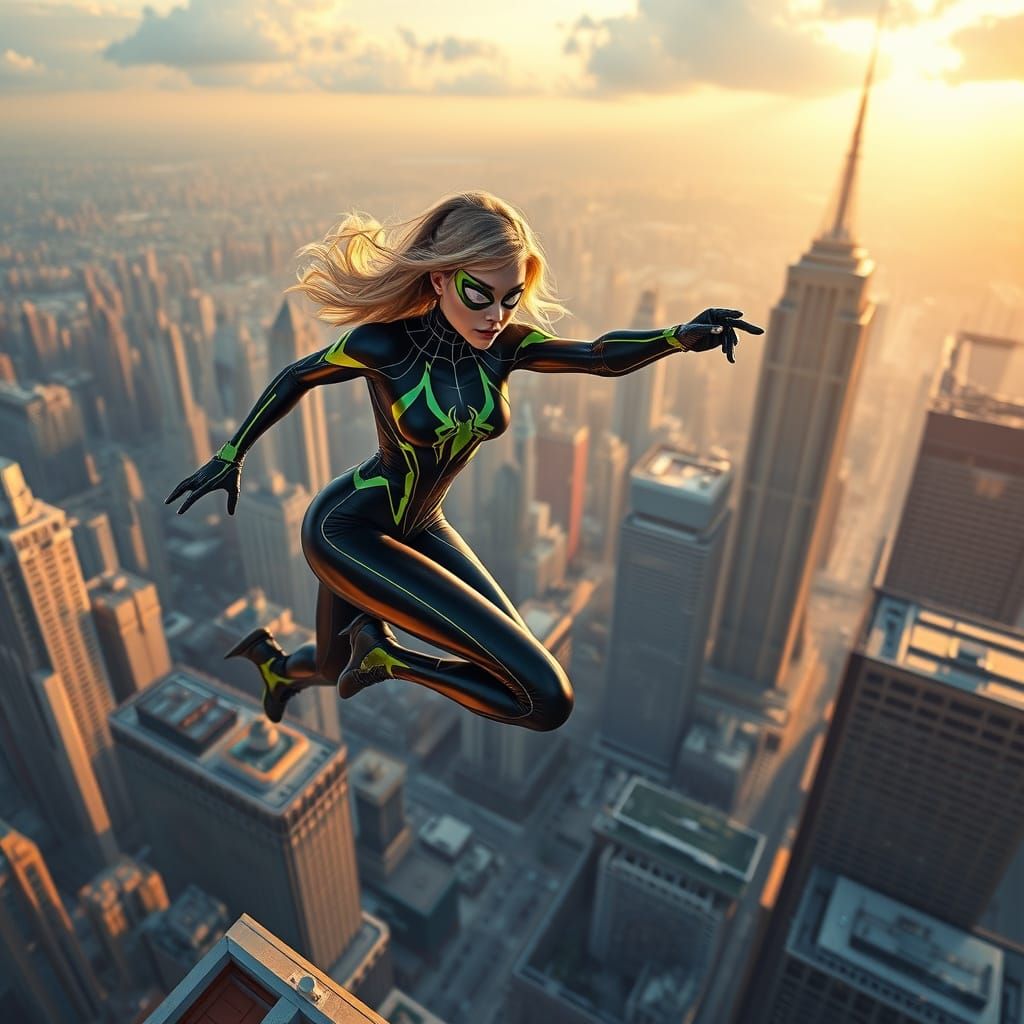 Sleek Pro Model Leaps from Futuristic Skyscraper