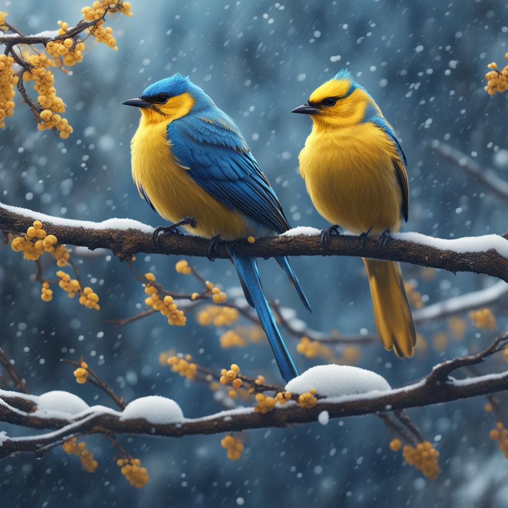 Vivid Birds on Snowy Branches in Winter