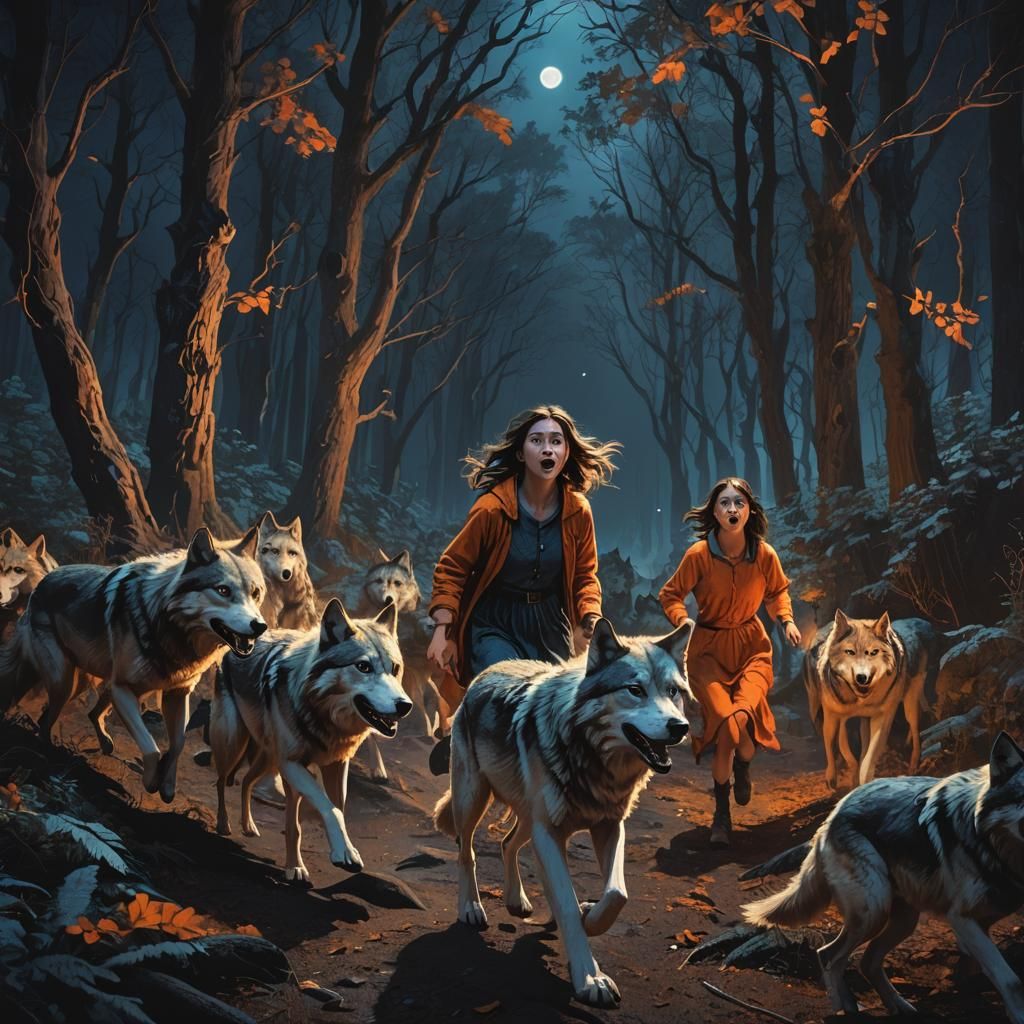 Girl Running from Wolves in Dark Forest
