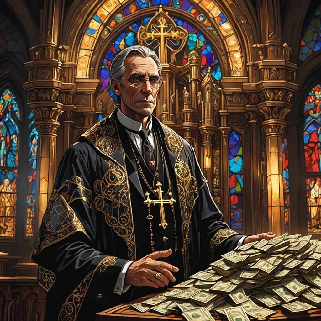 Pastor With Dollar Eyes in Gothic Church