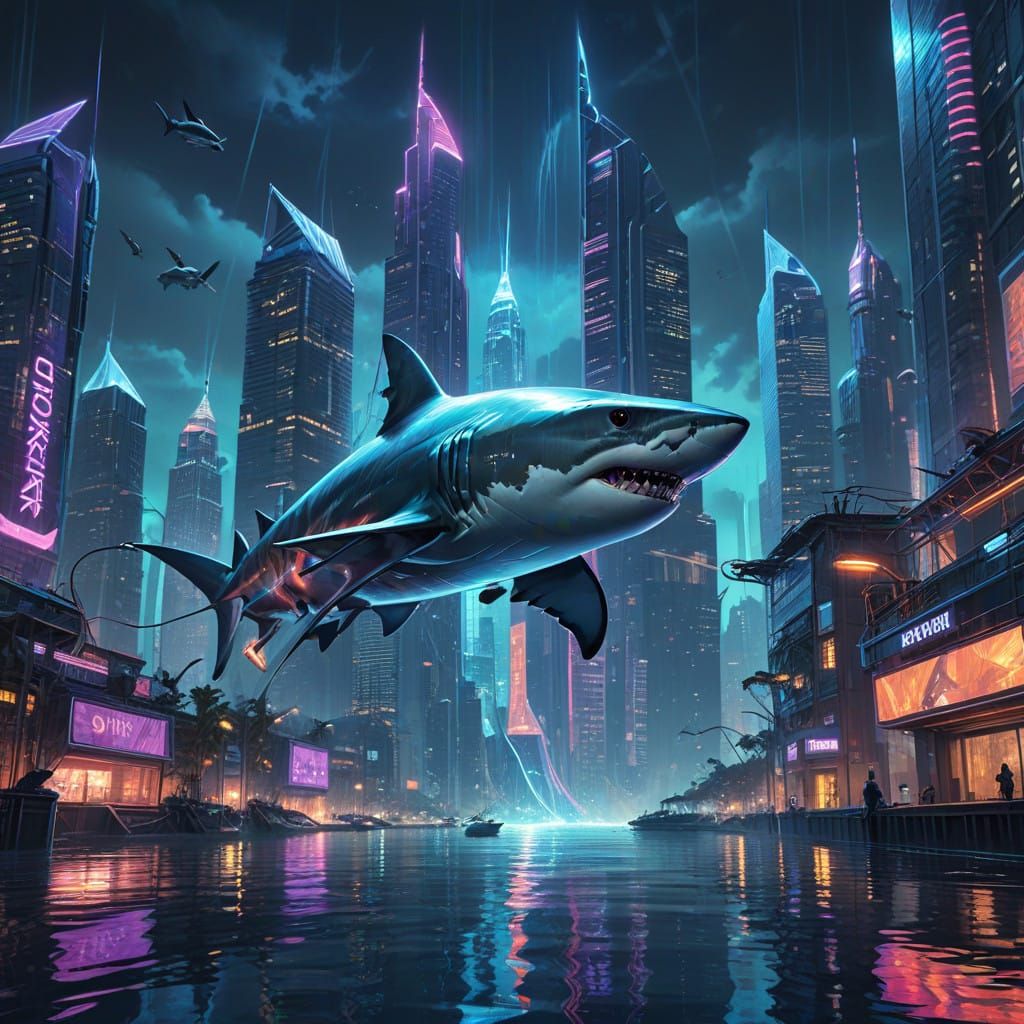 Cyberpunk Shark soars through Futuristic Metropolis