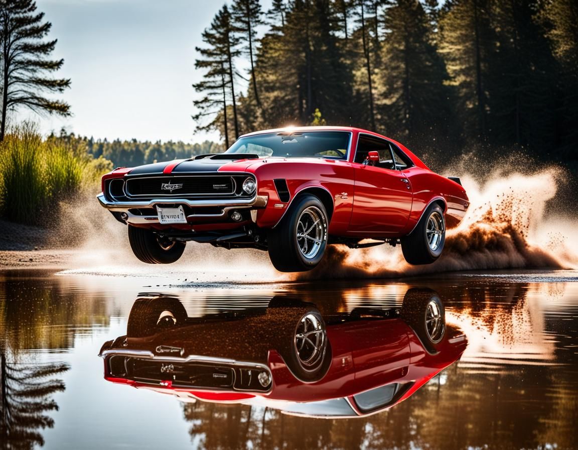 Red Muscle Car Jumping Over Lake Reflection