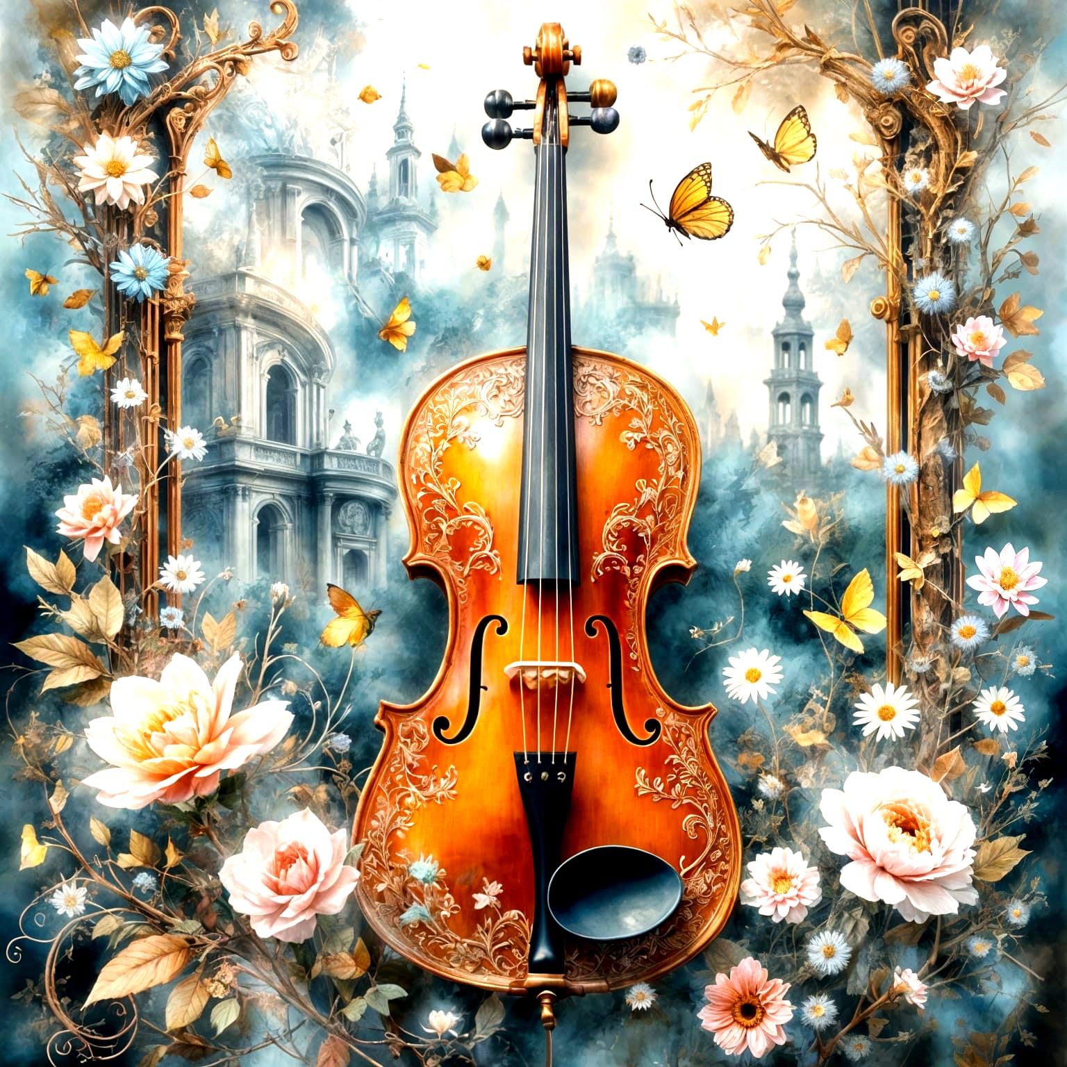 Violin with Autumn Flowers in Ethereal Style
