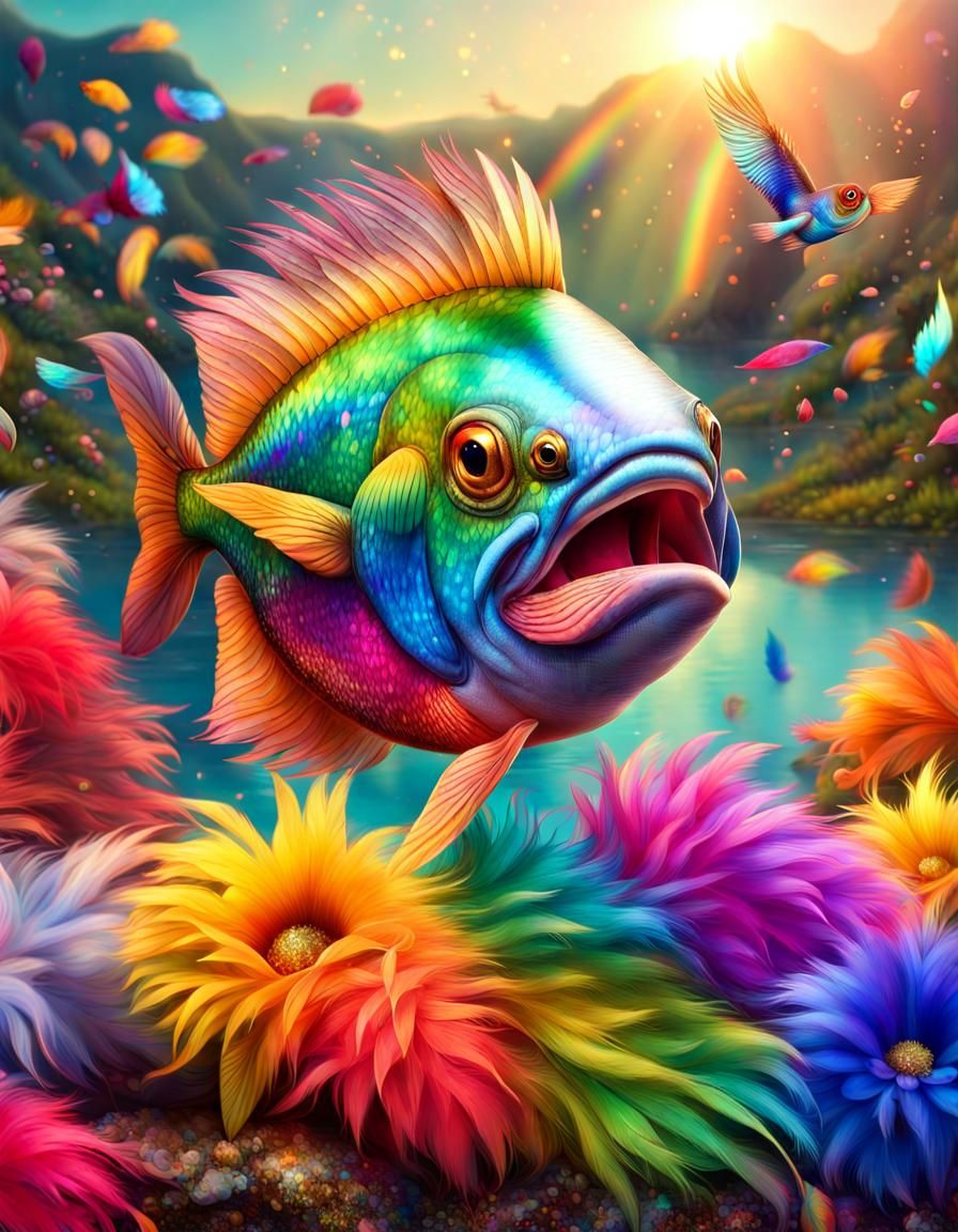 Vibrant Iridescent Bird Amidst Confetti and Flowers