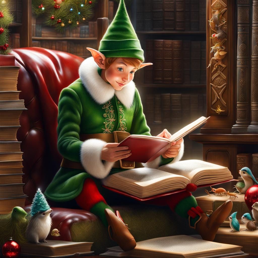 Christmas Elf Reading Book with Tiny Creatures