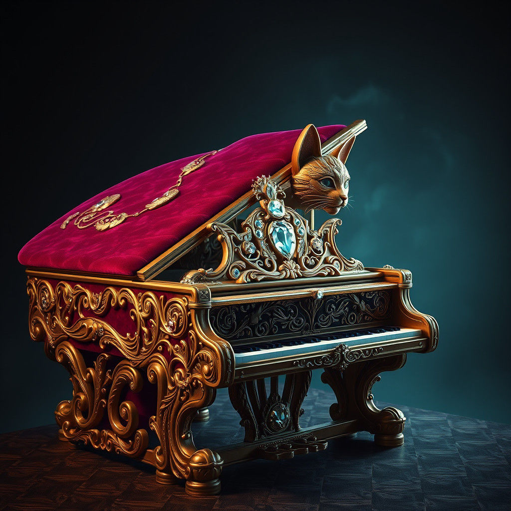 Jeweled Cat Piano: A Luxurious Surreal Dream