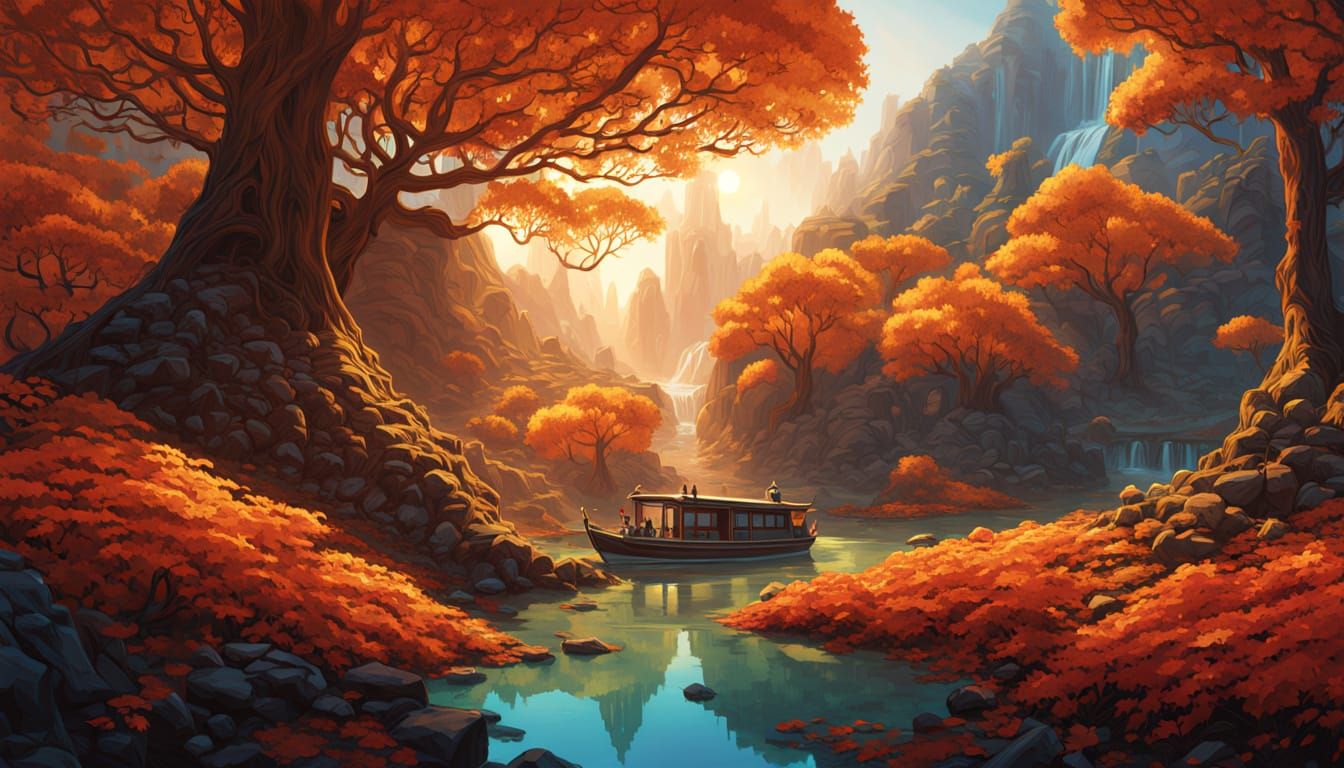 Origami Waterfall Oasis in Autumn Golden Hour