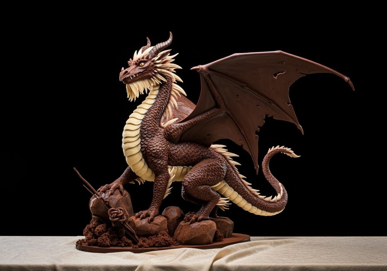 Detailed Chocolate Dragon Sculpture on Elegant Table