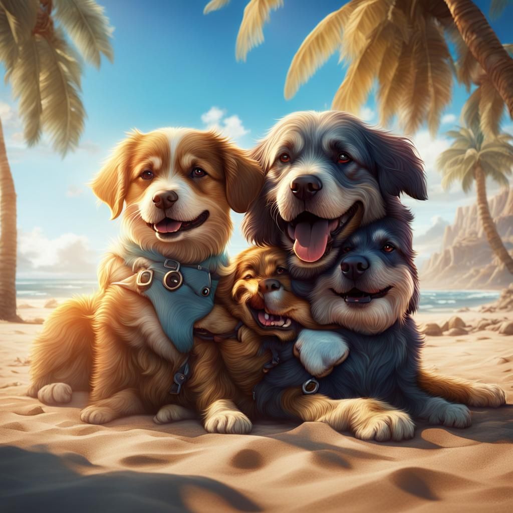 Dogs Hugging on Beach: Detailed Matte Painting