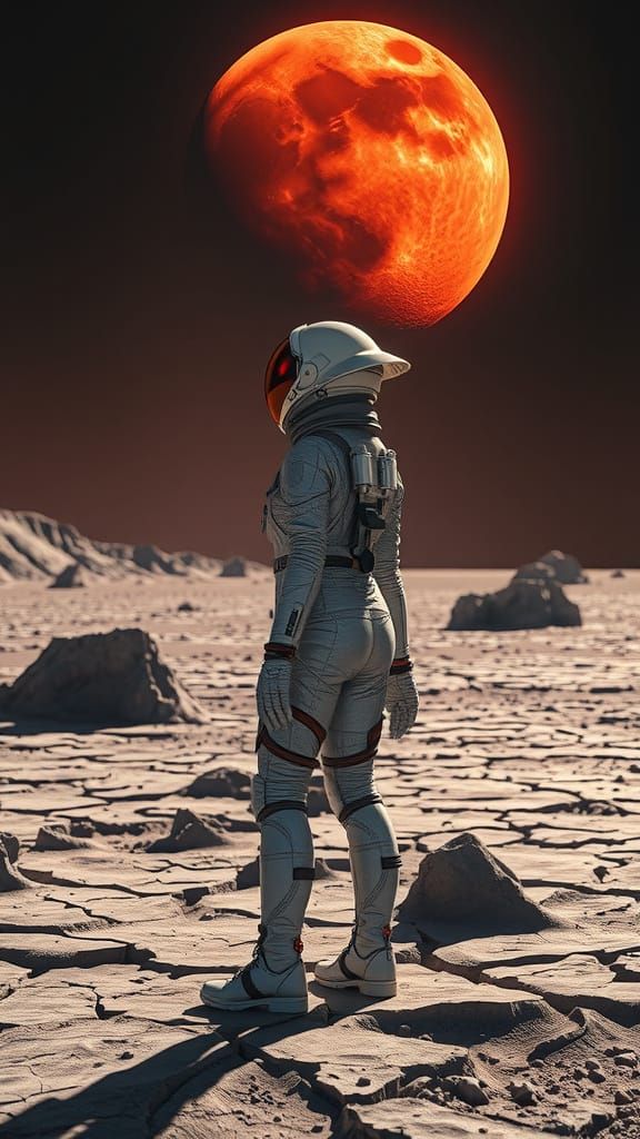 Sleek Astronaut Gazing Up at a Massive Red Moon