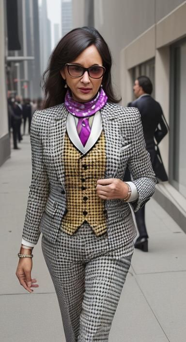 Woman in Houndstooth Suit with Silk Scarf