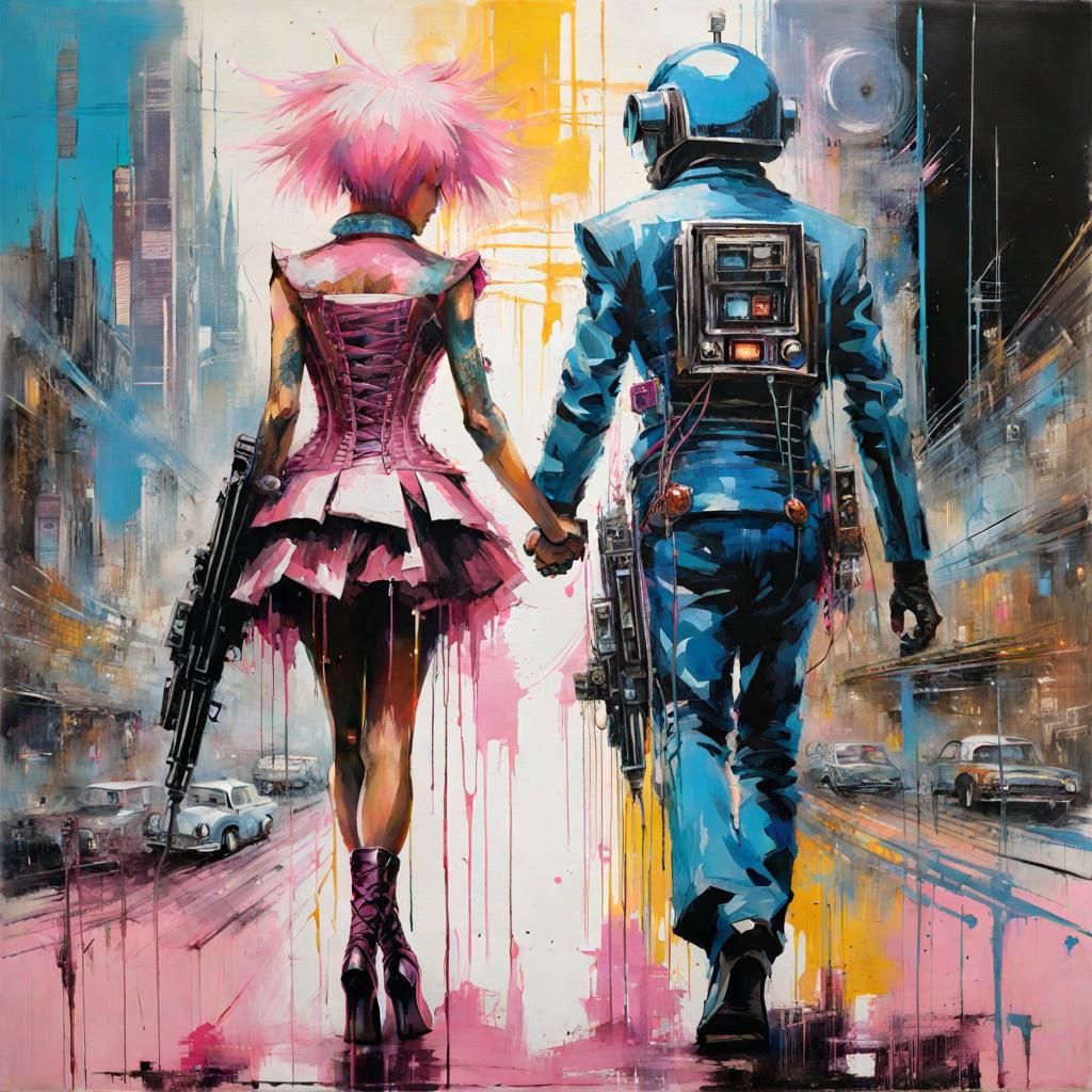 Punk Robot Couple in Futuristic Cityscape
