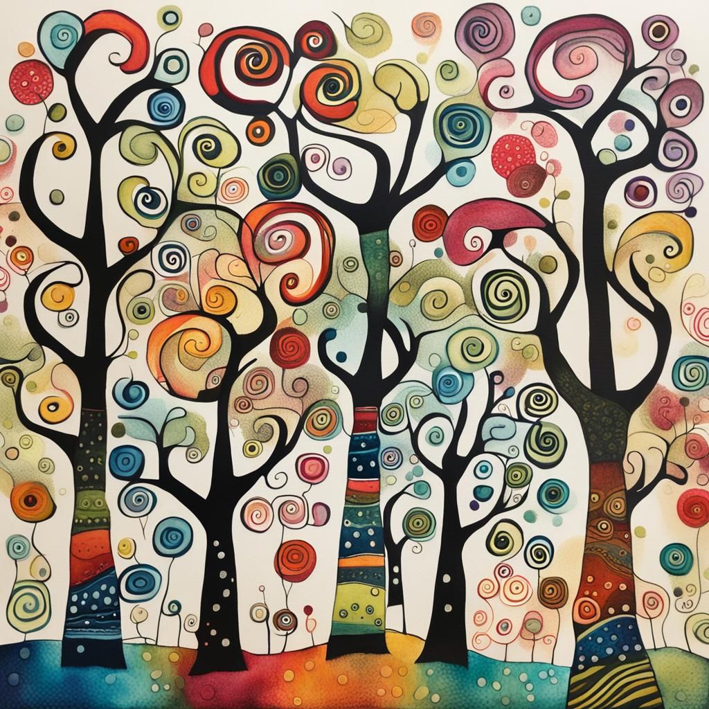 Naive Folk Art Curly Trees in Alcohol Ink Style