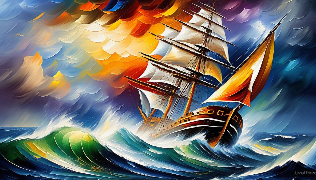 Old Wooden Ship in a Powerful Storm, Leonid Afremov Style