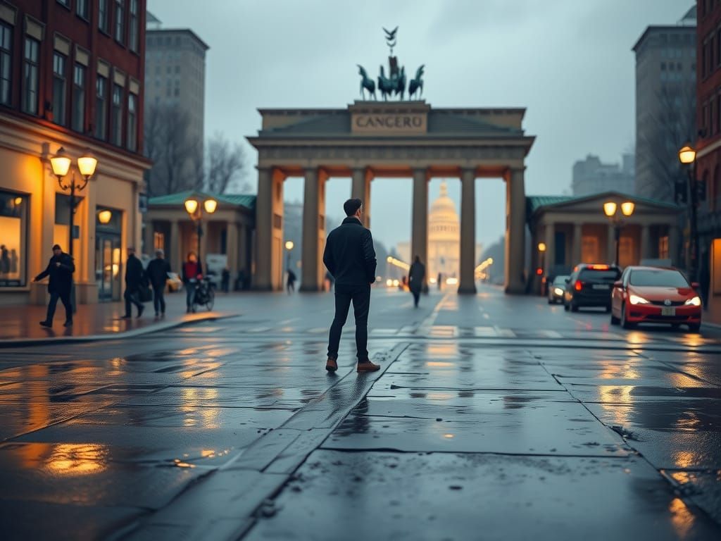 Manhattan Street Scene with Distant Berlin Silhouette