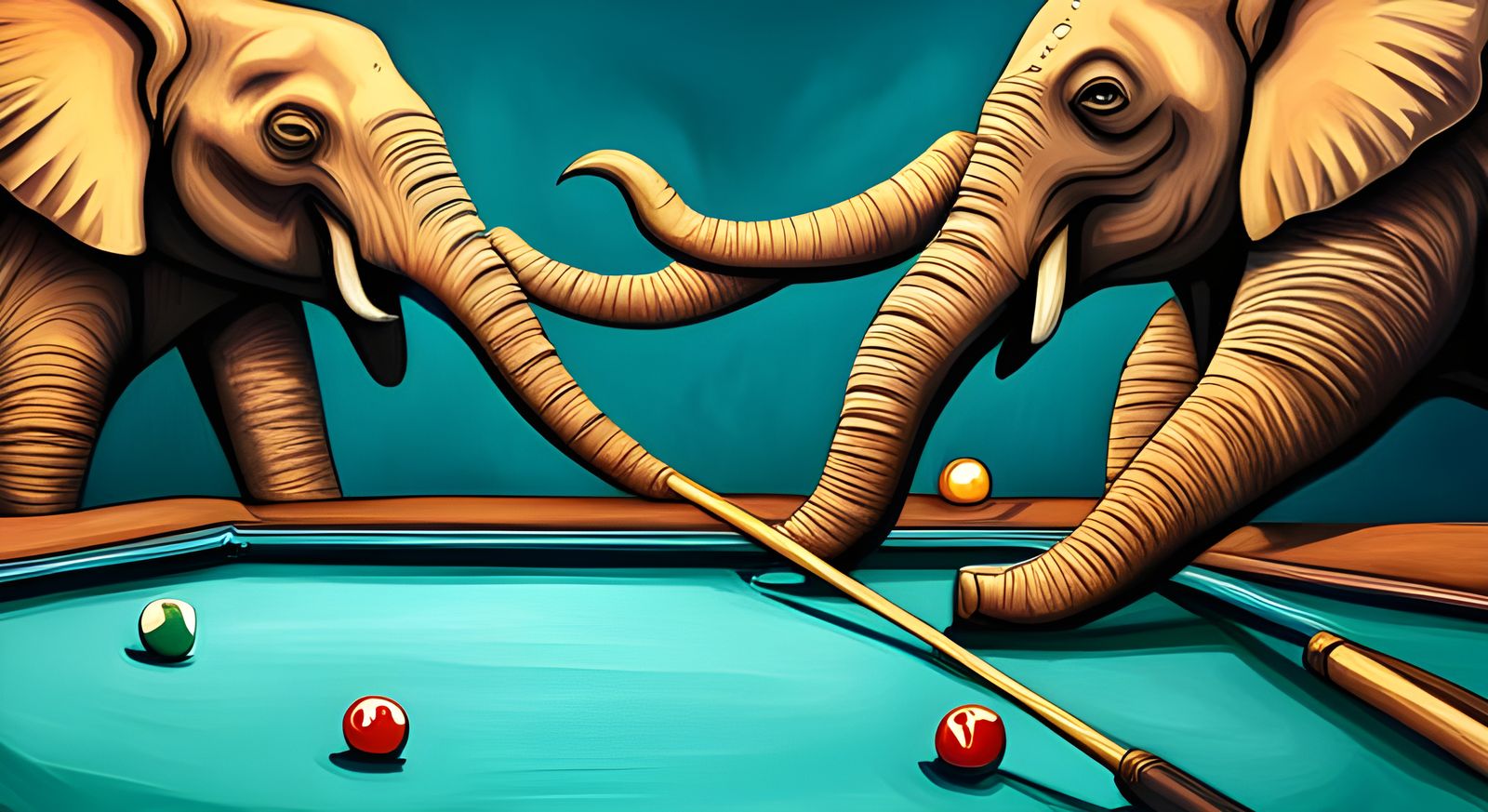 2 elephants playing billiards with in a pool surrounded by invisible jungle