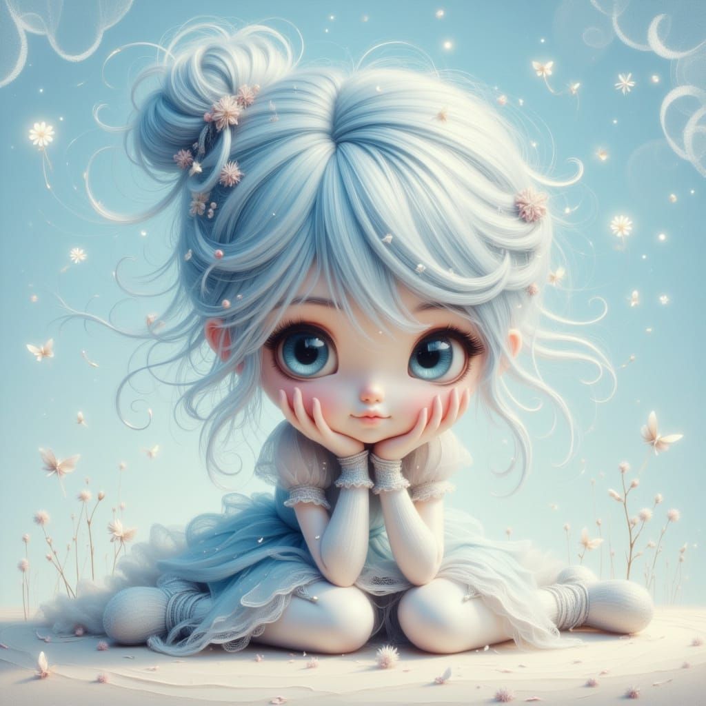 Dreamy Girl with Blue Hair in Pastel Whimsical Portrait