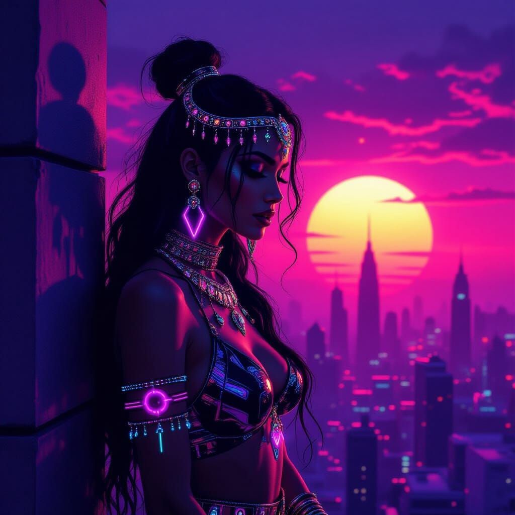 Mystical Woman with Serpent Shadow in Retro-Futuristic City