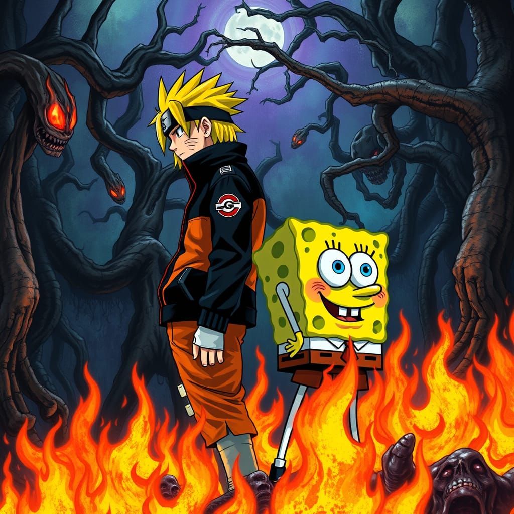 Naruto and SpongeBob in a Twisted Hellish Landscape