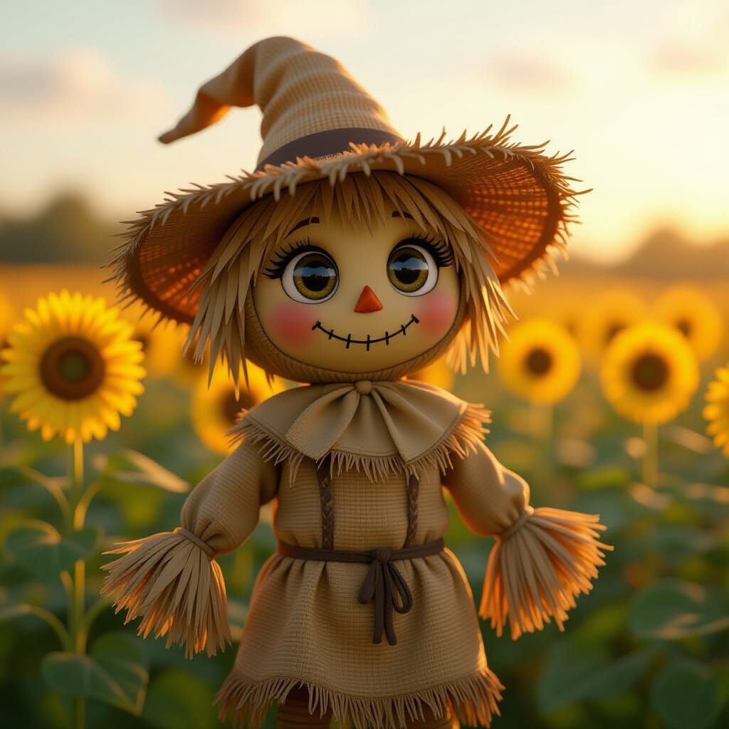 Cute CGI Scarecrow in Sunflower Field
