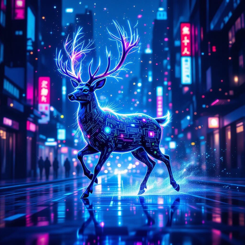 Stardust Deer Leaps Through Cyberpunk Cityscape
